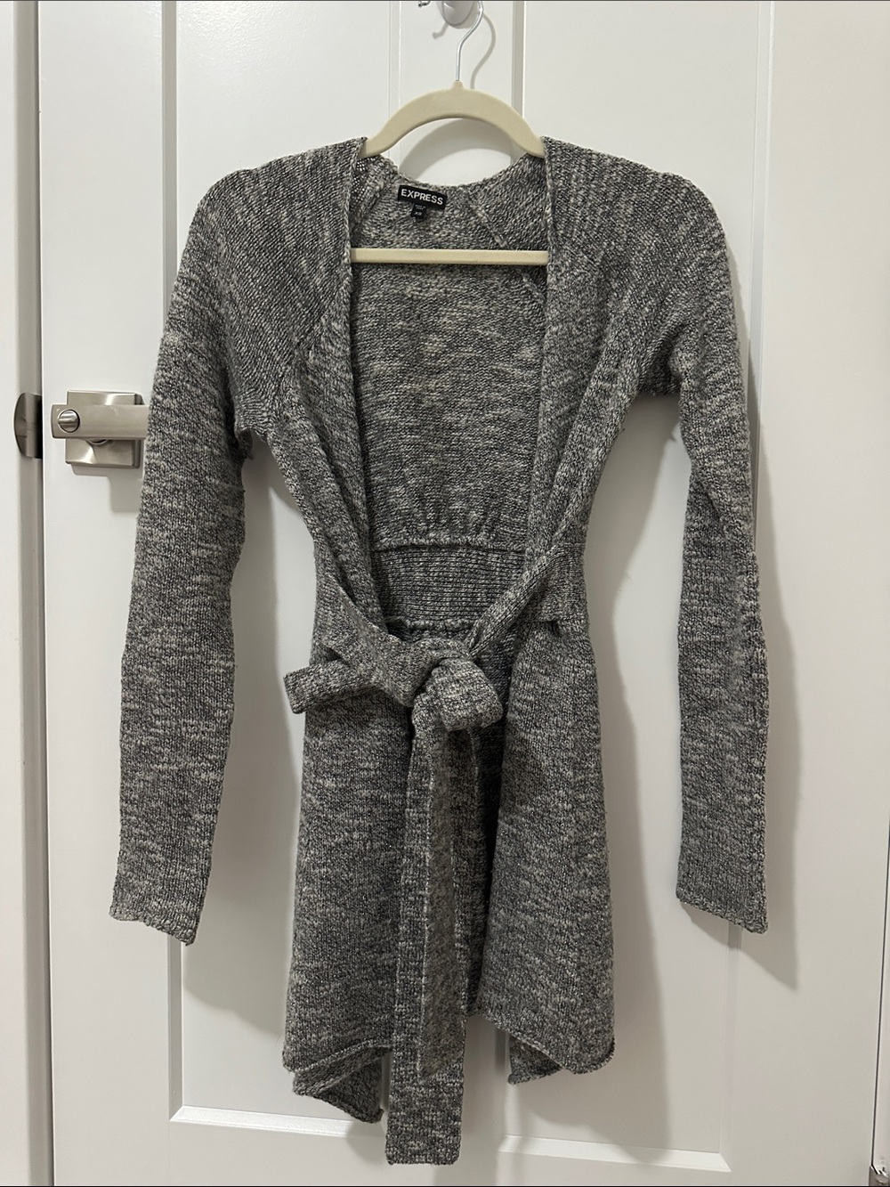 Express Gray Marled Belted Open Cardigan